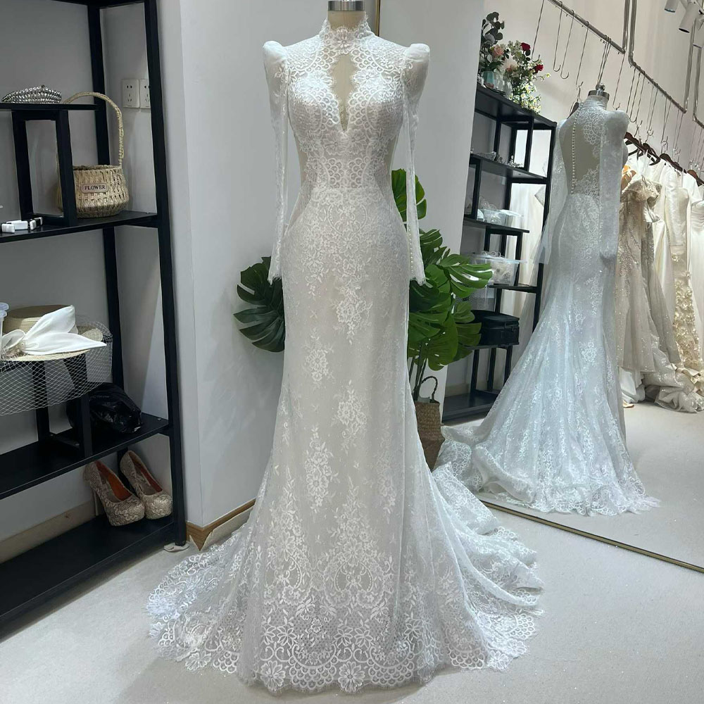 Embroidery Organza - Kadın Uzun Kollu Kapalı Yaka Gelinlik