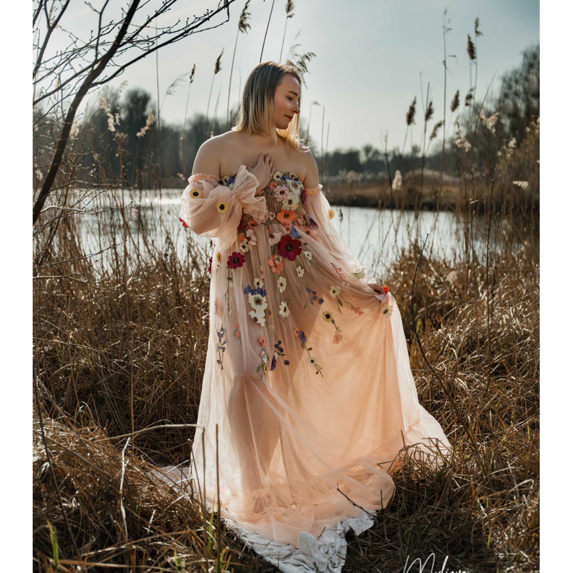 Embroidery Organza - Don&Judy Renkli Organze Omuzları Açık Kabarık