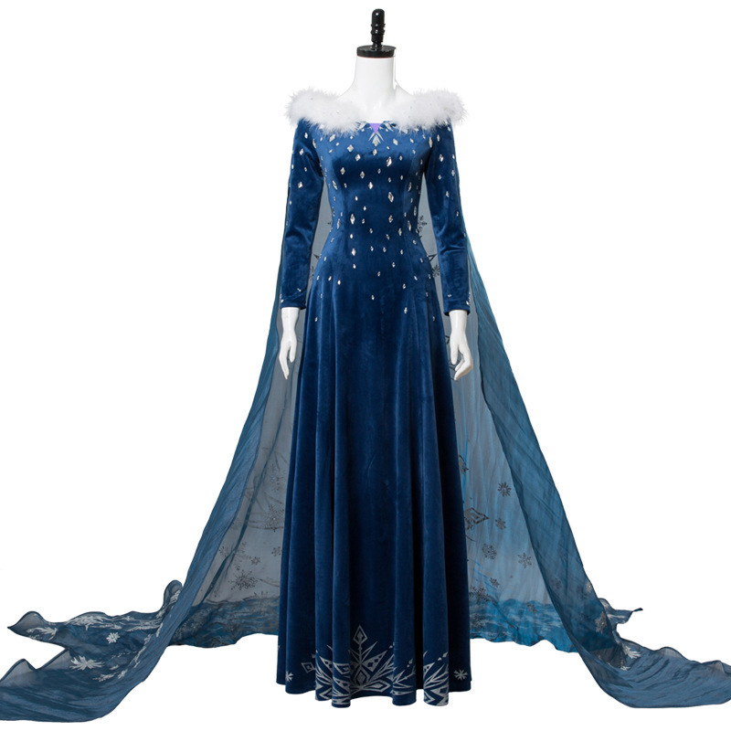 Embroidery Skirt - Elsa Cosplay Elbisesi, Koyu Mavi Kadife