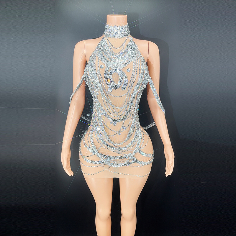 Embroidery Skirt - Seksi ışıltılı gümüş balo kıyafetleri Glitter