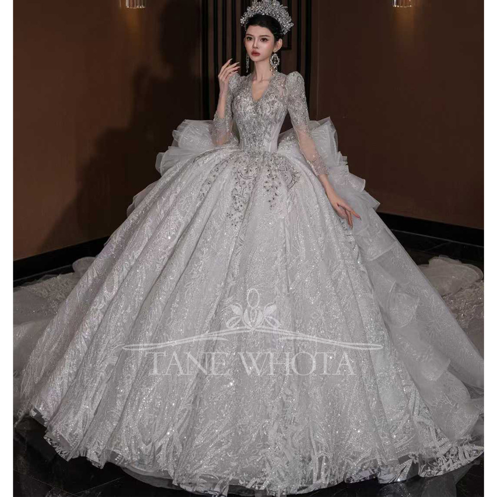 Embroidery Organza - Lüks V Yaka Gelinlik Uzun Kollu