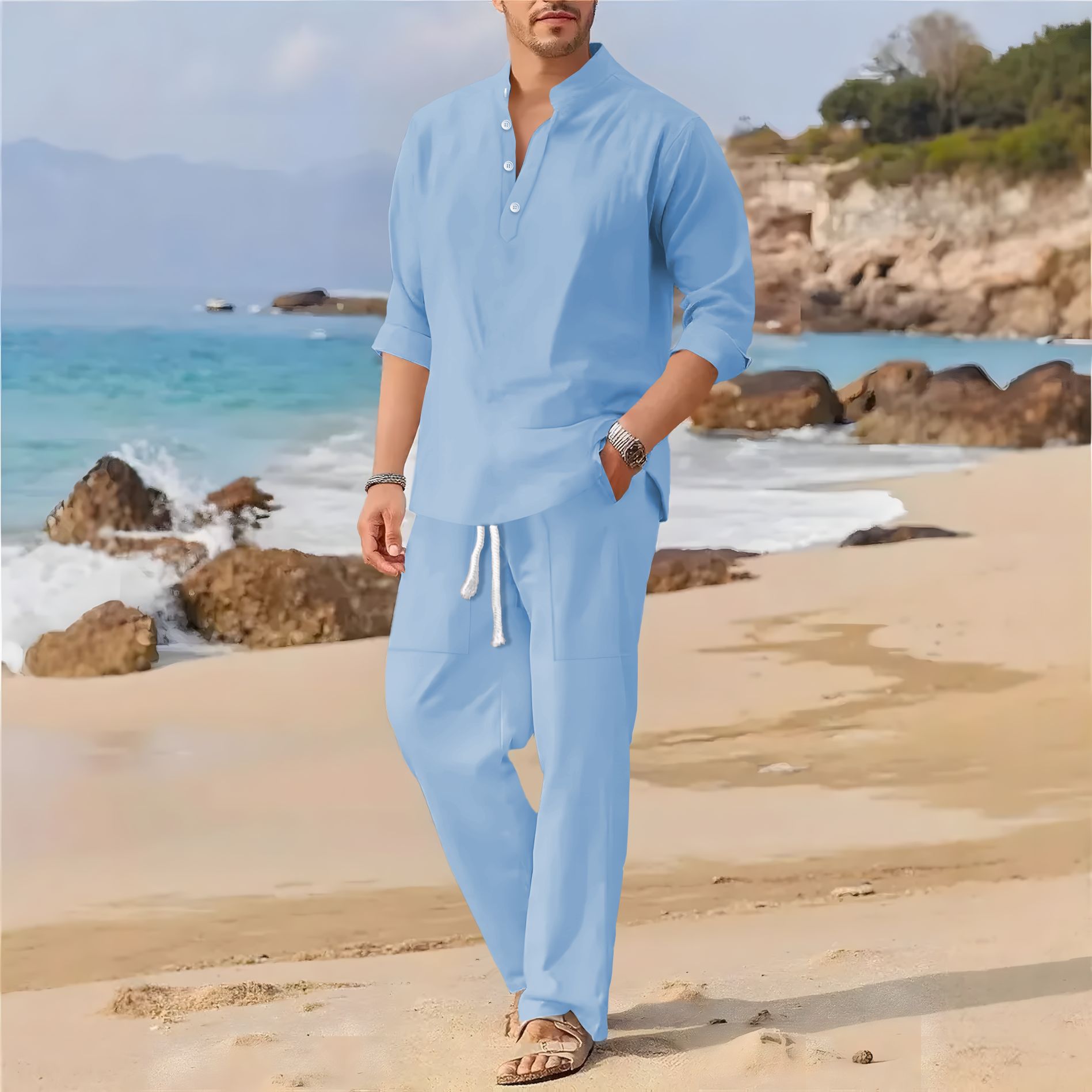 Linen Fabric Natural - Erkek retro pamuklu ve keten dik