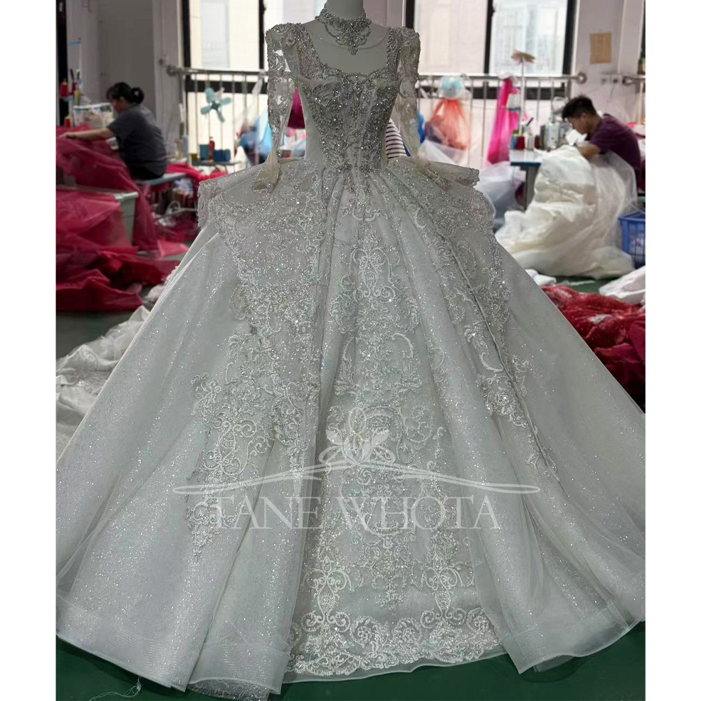 Embroidery Organza - Kristal Payetli Gelin Elbisesi O-Boyun Uzun