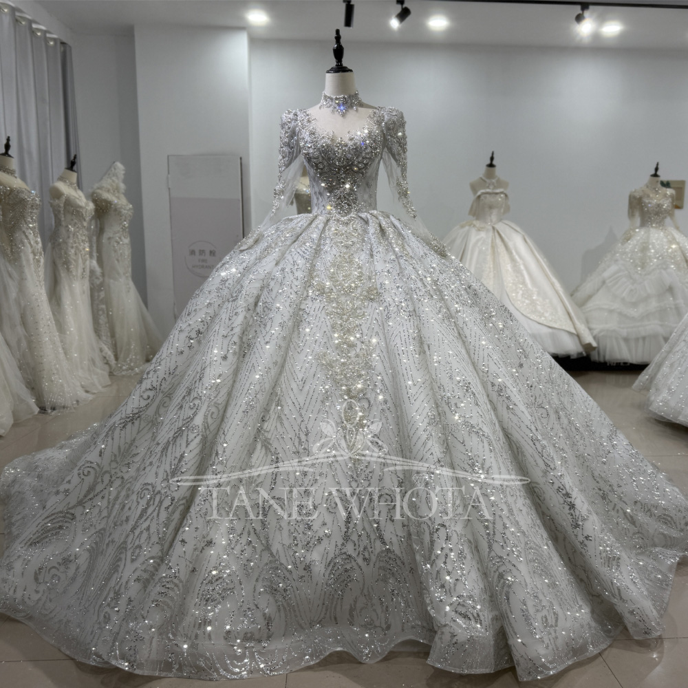 Embroidery Organza - Zarif Gelinlikler Uzun Kollu Yüksek Boyun