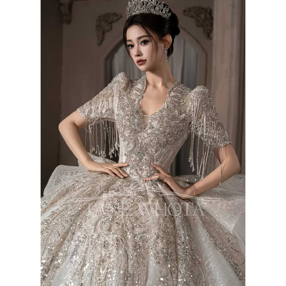 Embroidery Organza - Lüks Taraklı Kısa Kollu Boncuklu Payetli