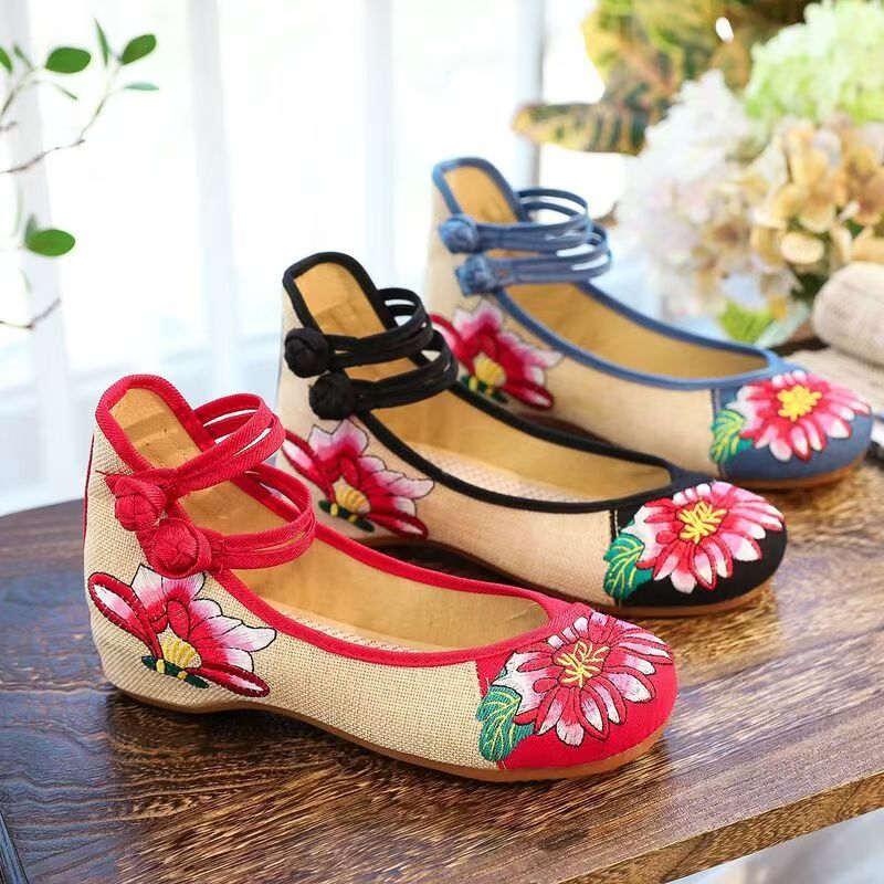 Embroidery Skirt - Kadın Takozlar İşlemeli Kumaş Ayakkabı İlkbahar