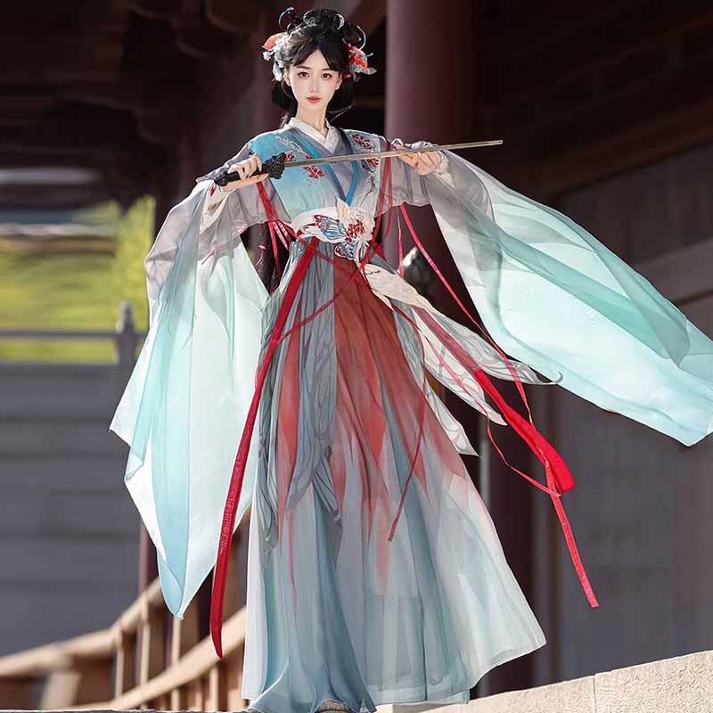 Embroidery Gradient - Kadınlar için Mavi Kırmızı Gradyanlı Wuxia